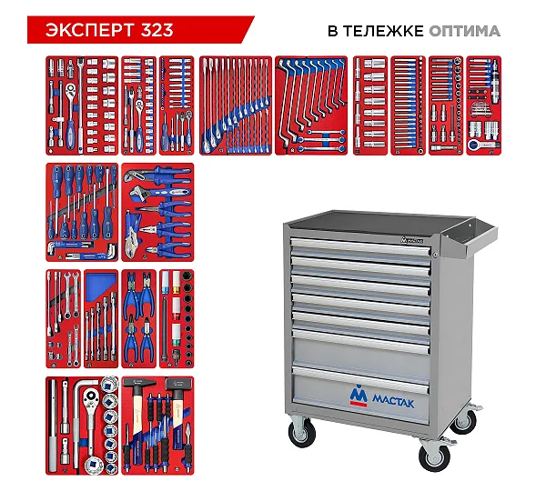 Набор инструментов 323 предмета, "ЭКСПЕРТ 323", в серой тележке МАСТАК 52-07323G
