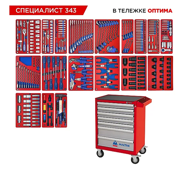 Набор инструментов 343 предмета, "СПЕЦИАЛИСТ 343", в красной тележке МАСТАК 52-07343R