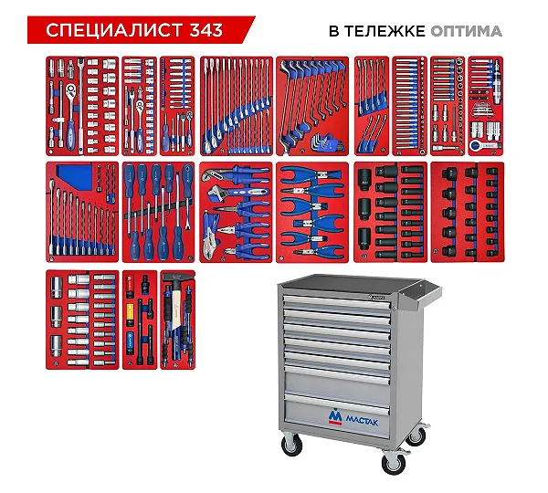 Набор инструментов 343 предмета, "СПЕЦИАЛИСТ 343", в серой тележке МАСТАК 52-07343G