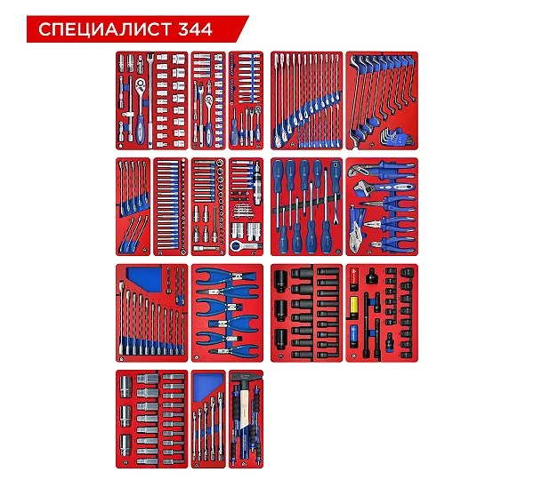 Набор инструментов 344 предмета, "СПЕЦИАЛИСТ 344", для тележки, 18 ложементов МАСТАК 5-00344
