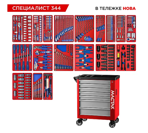 Набор инструментов 344 предмета, "СПЕЦИАЛИСТ 344", в красной тележке МАСТАК 50-07344R