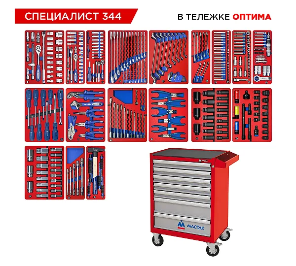Набор инструментов 344 предмета, "СПЕЦИАЛИСТ 344", в красной тележке МАСТАК 52-07344R