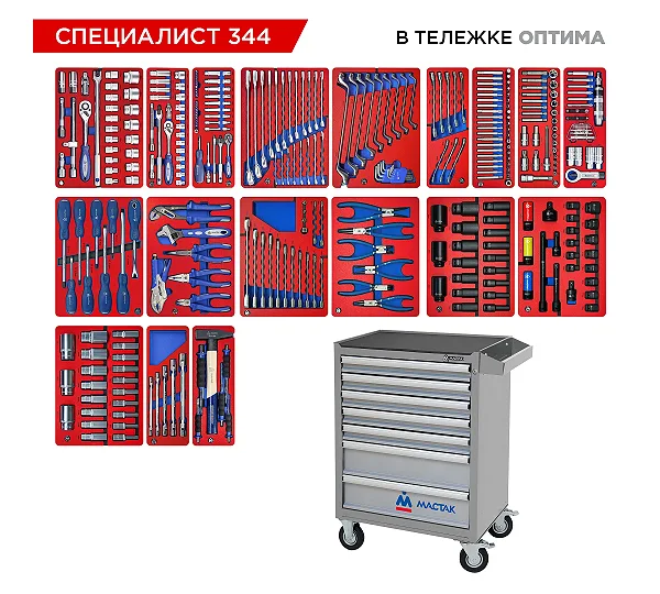 Набор инструментов 344 предмета, "СПЕЦИАЛИСТ 344", в серой тележке МАСТАК 52-07344G