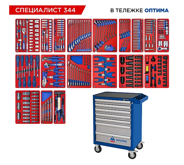 Набор инструментов 344 предмета, "СПЕЦИАЛИСТ 344", в синей тележке МАСТАК 52-07344B