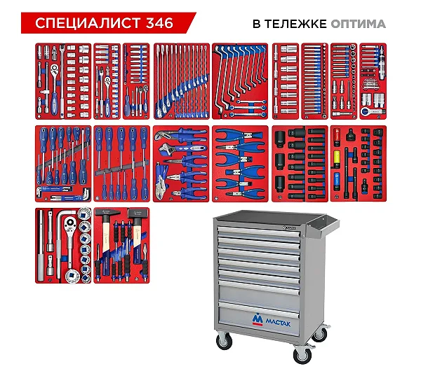 Набор инструментов 346 предметов, "СПЕЦИАЛИСТ 346", в серой тележке МАСТАК 52-07346G