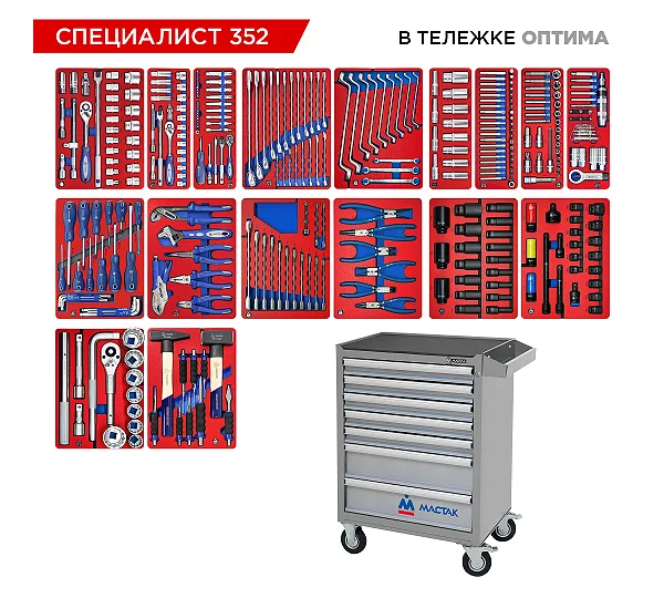 Набор инструментов 352 предмета, "СПЕЦИАЛИСТ 352", в серой тележке МАСТАК 52-07352G