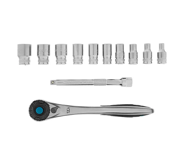 Набор торцевых головок, трещотка 120 зубьев, 1/4", CrV, 12 предметов Gross