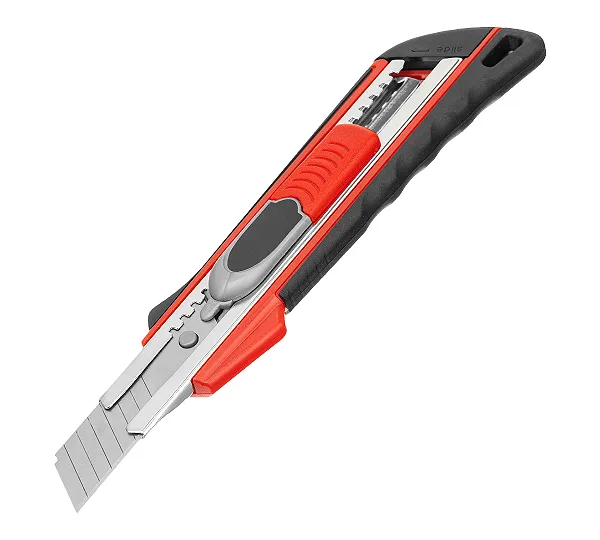 Нож, 18 мм, выдвижное лезвие "Quick blade" металлическая направляющая, двойная фиксация, эргономичная двухкомпонентная рукоятка Matrix